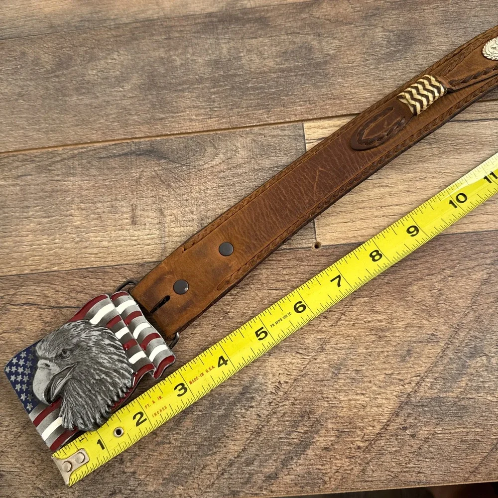 Vintage‎ Western Leather Belt Eagle American Flag Buckle Brown Mens Size 42